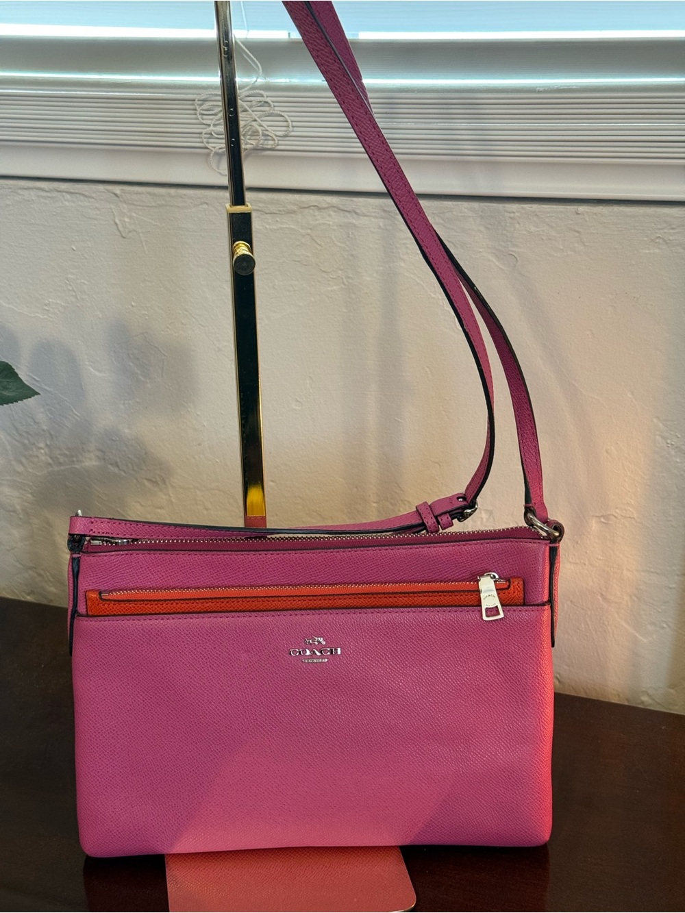 Coach Pop Crossbody File Bag 52377 Pink Orange Colorblock Crossgrain Leather